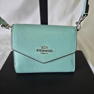 Coach Leather Envelope Mini Wallet Teal Green Pebbled Crossbody Detach Strap